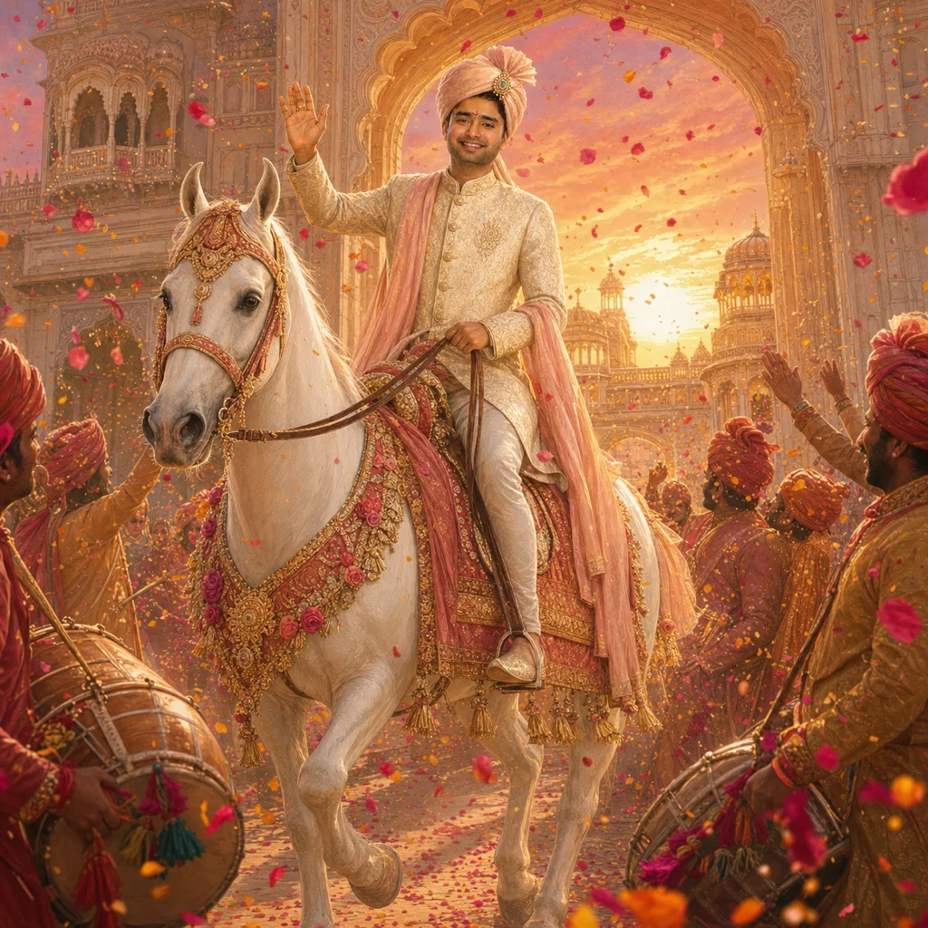 The groom on a decorated white horse at blazing sunset, dhol players and dancing figures around him.