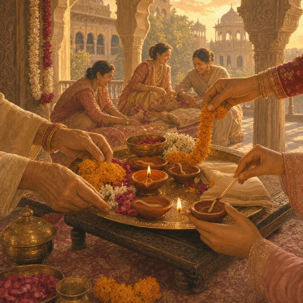 A ceremonial courtyard setting with garlands, a sacred thali and diyas in honeyed late-afternoon light.