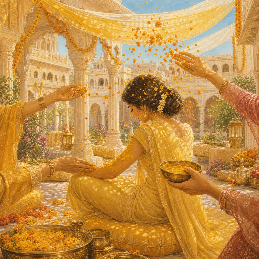 Brass bowls of golden turmeric paste, yellow dupattas and marigold garlands in brilliant midday light.