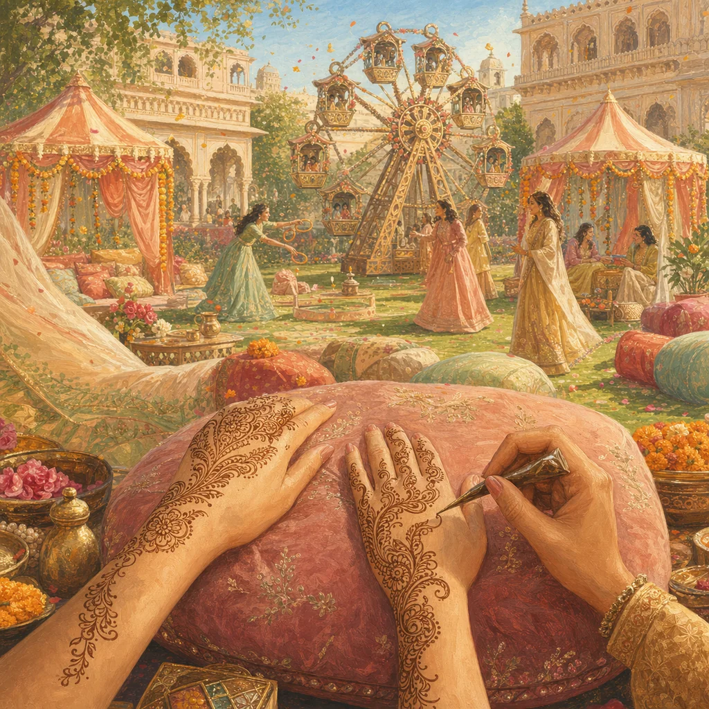 Henna-adorned hands and striped carnival canopies on the palace lawns in late-morning light.