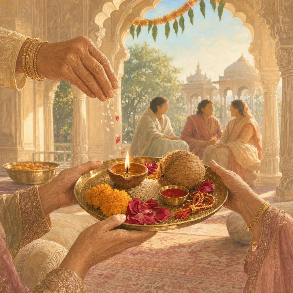 A decorated brass thali of ritual offerings held by elder hands in a sunlit palace courtyard.