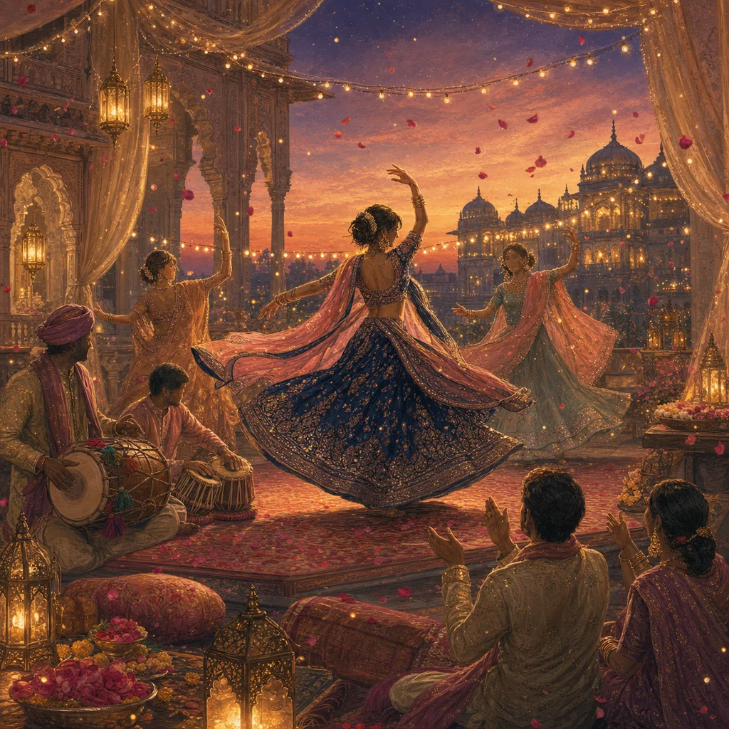 A lantern-lit terrace stage at sunset with dancers mid-motion and musicians playing dhol and tabla.