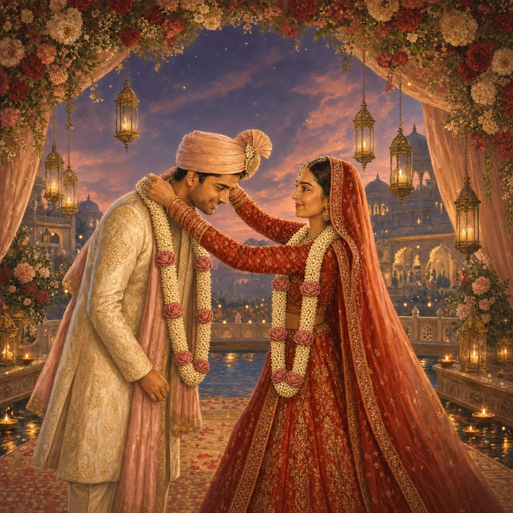The couple exchanging garlands beneath a flower-decked mandap at dusk, surrounded by floating diyas.
