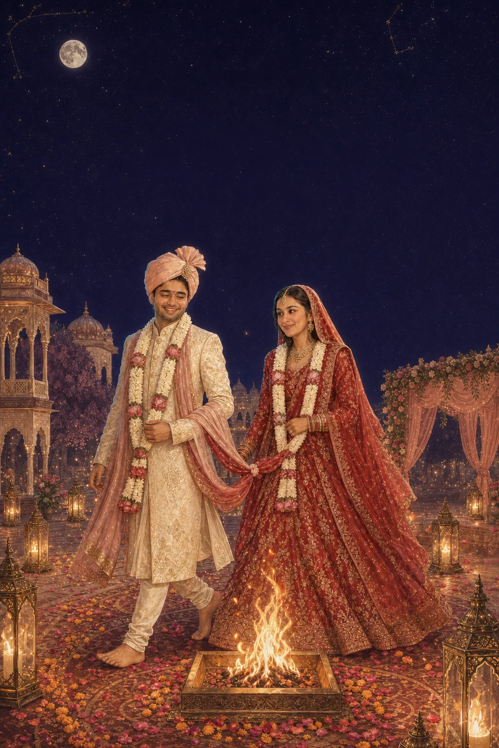 The couple circling a small sacred fire beneath a star-filled midnight sky, the palace in silhouette behind them.