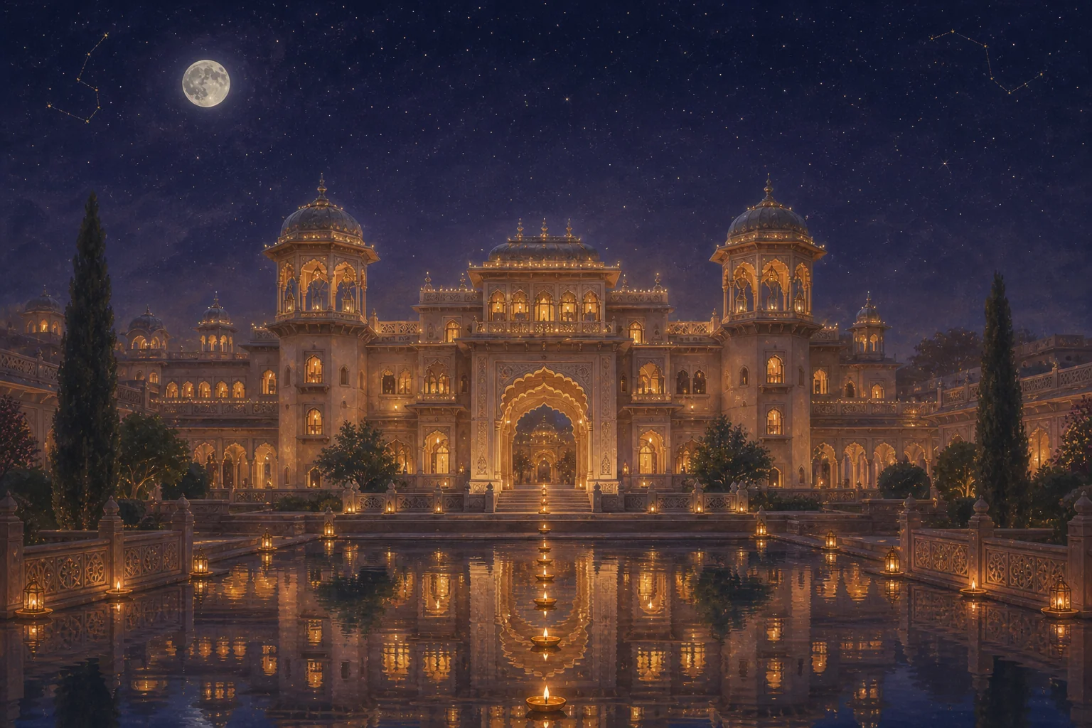 Beelwa Palace at midnight: domed pavilions and rows of arched windows glowing gold above a still reflecting pool.